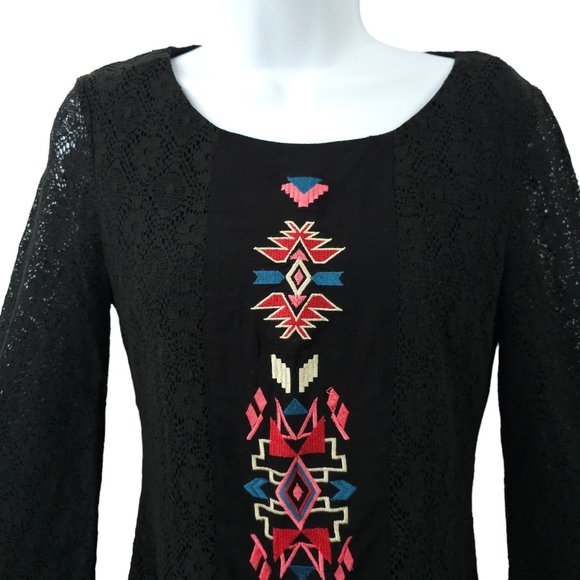 Flying Tomato Aztec Boho Tunic Top Mini Dress Long Bell Sleeve Sz M Black Lace - Picture 10 of 16